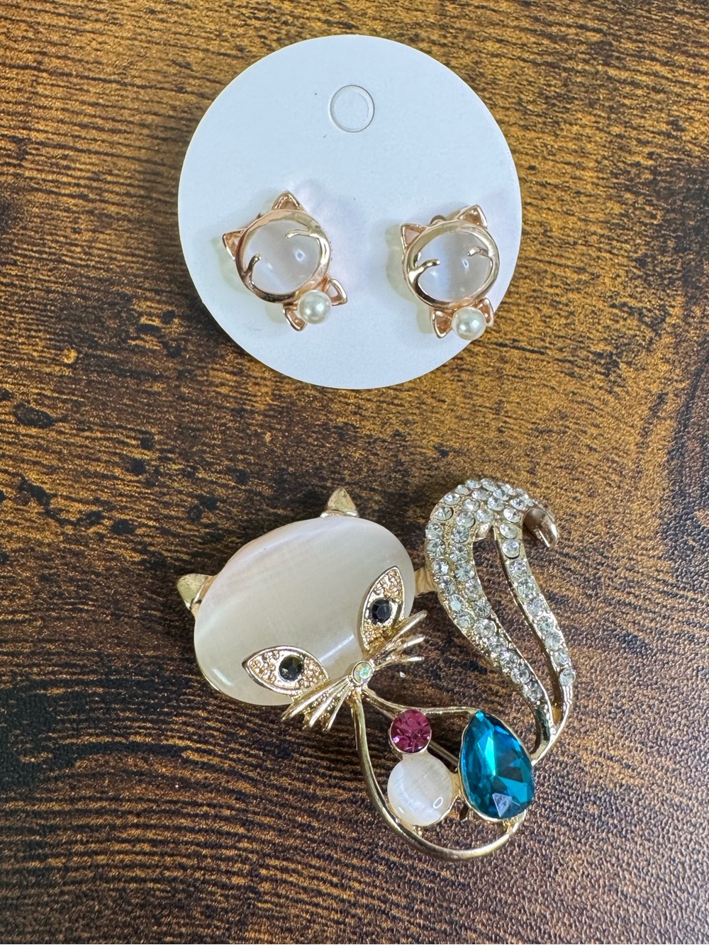 Cat Brooch and Stud Earrings Set - Gold Tone with Pearl & Blue Teardrop